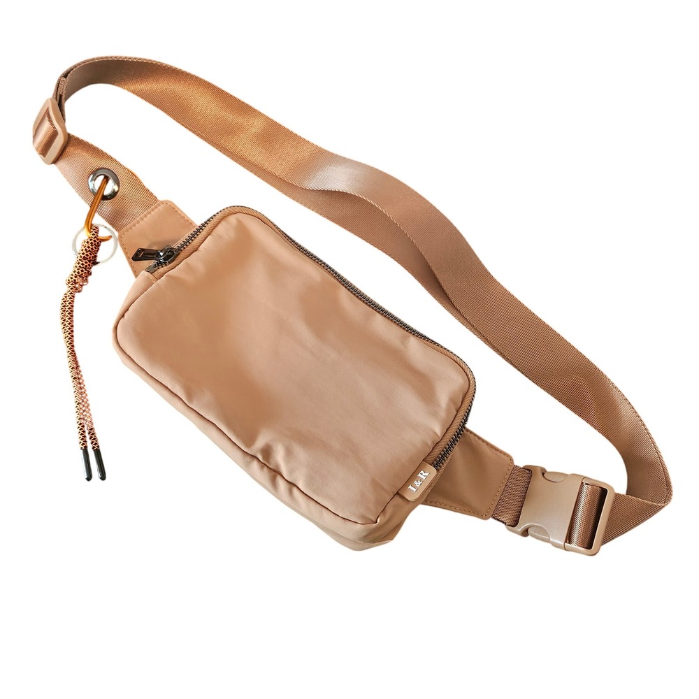I&R Nylon Belt Bag Tan Khaki Double Zip Waist Pack Crossbody Casual Travel